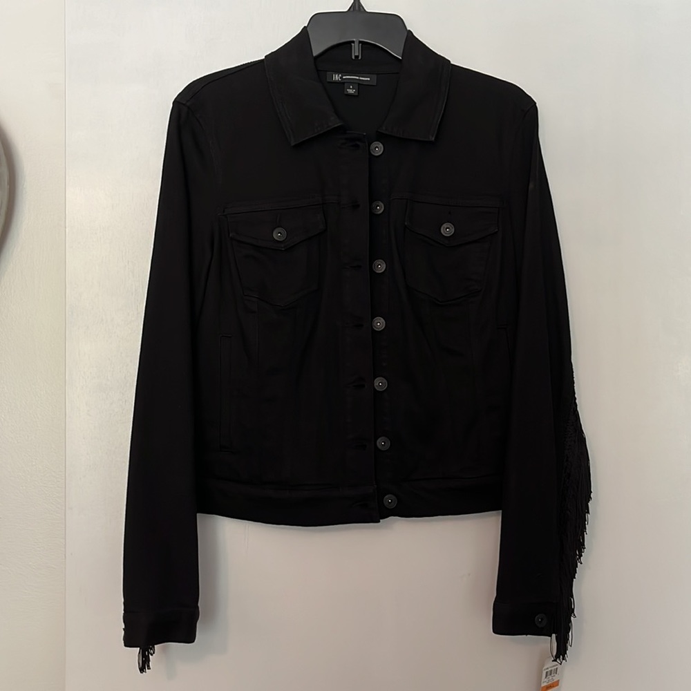 INC Black Fringe Jean Jacket size small NWT
